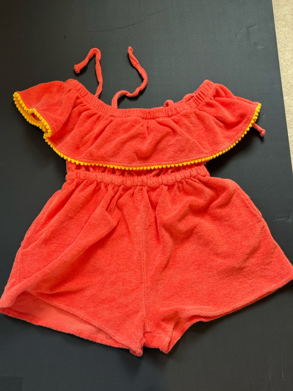 kate quinn Coral-Tone Terry Off-Shoulder Romper with Yellow Pom Trim